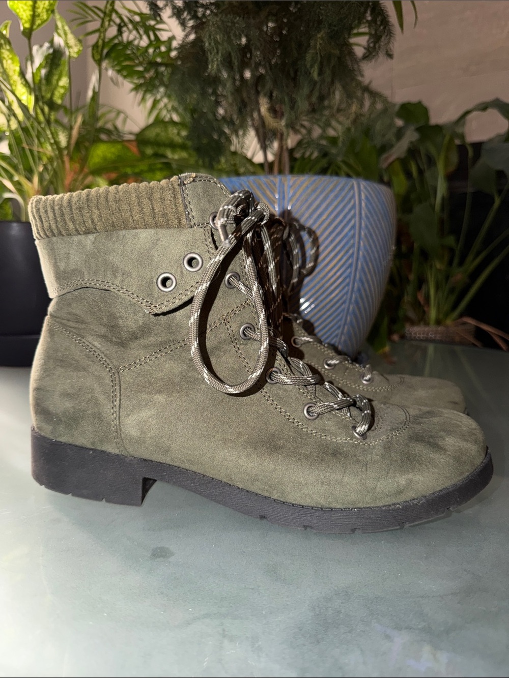 Women's Olive Faux Suede Lace-Up Ankle Boots